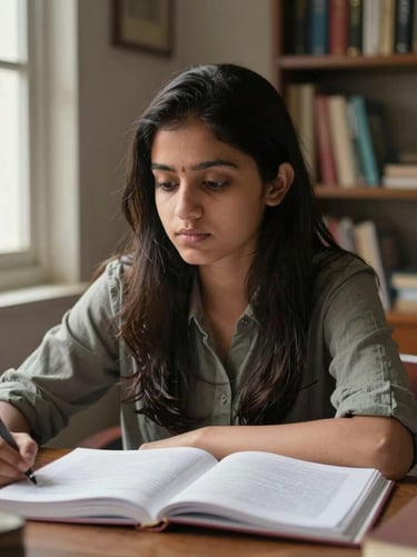 Close-up portrait of a young female tutor at a wooden table with open textbooks, soft window light from the side, calm focused expression, home interior background with a bookshelf, Patna residential setting