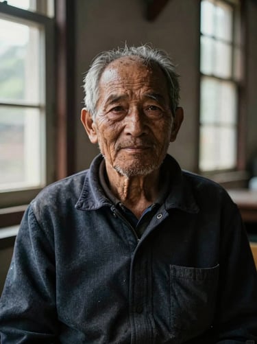 Environmental portrait of a community elder in natural window light, deep shadows, high contrast