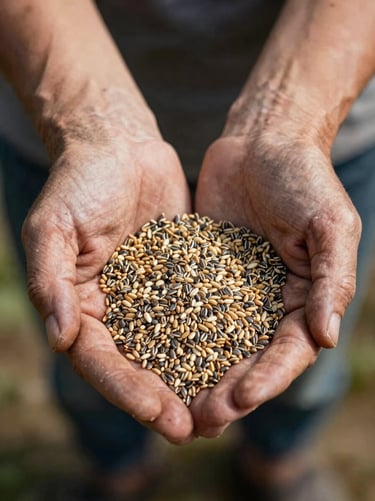 Close-up of weathered hands holding newly harvested heirloom seeds, natural daylight