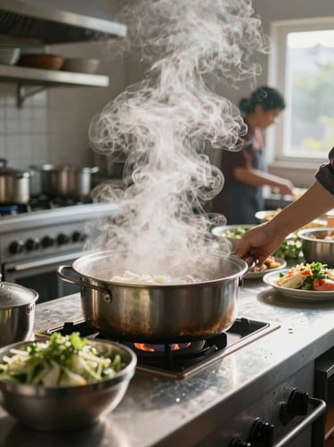 Wide environmental shot of a community-run kitchen with steam rising, natural ambient light