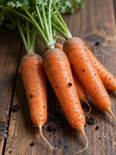 Low-contrast natural light, macro texture of fresh soil clinging to raw heirloom carrots on a rustic wooden table, soft shadows.