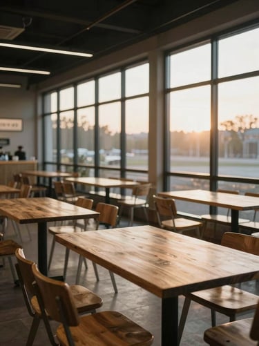 Wide atmospheric environmental shot of an empty modern food hall with large windows at dawn, soft morning light, empty wooden tables, peaceful mood.