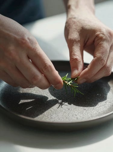 Diffused northern daylight, extreme close-up of hands carefully plating a delicate herb on a dark ceramic dish, soft natural shadows, Scandinavian minimalism.