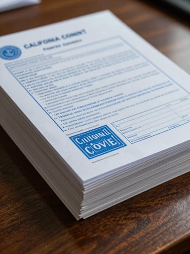 Tactile close-up of a neatly stacked, blue-backed California civil complaint, stamped and ready for filing on a dark oak desk, natural side lighting.
