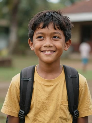 Warm editorial portrait of a young Indonesian boy with a backpack looking hopeful, soft natural daylight, rich organic tones, shallow depth of field, 35mm