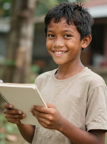 Warm editorial portrait of a young Indonesian boy smiling while holding a notebook, soft natural daylight, rich organic tones, shallow depth of field, 35mm