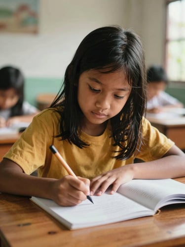 Warm editorial portrait of a young Indonesian girl writing at a wooden desk, soft natural daylight, rich organic tones, shallow depth of field, 35mm