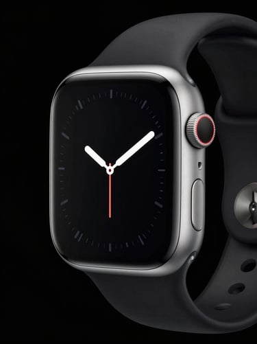 Apple Watch Series 9 premium aluminum case, glowing screen, dark atmosphere