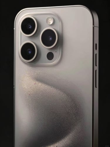 Detailed close-up of iPhone 15 Pro Max titanium finish, sharp focus, dark studio background