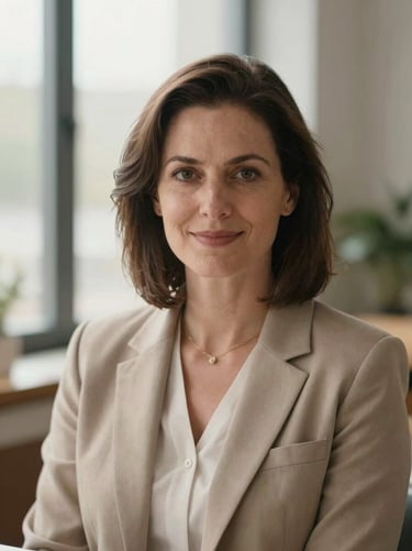 Warm editorial portrait of a female psychologist in her late 30s, soft natural window light, gentle and welcoming expression, shallow depth of field, professional office setting.