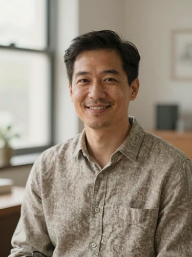Warm editorial portrait of a male psychologist in his late 30s, wearing a linen shirt, smiling gently, soft natural window light, shallow depth of field, professional psychology office background.
