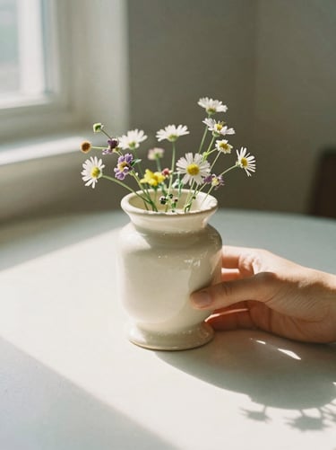Hand holding a repurposed ceramic candle vessel filled with small wildflowers on a sunlit table, 35mm film