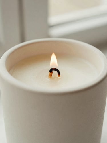 Close-up of a textured cream ceramic candle vessel with a burning wood wick, soft morning light, shallow depth of field, 35mm film