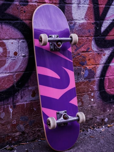 Close-up of a professional skateboard deck with a bold abstract purple and pink graphic design, resting against a spray-painted brick wall.