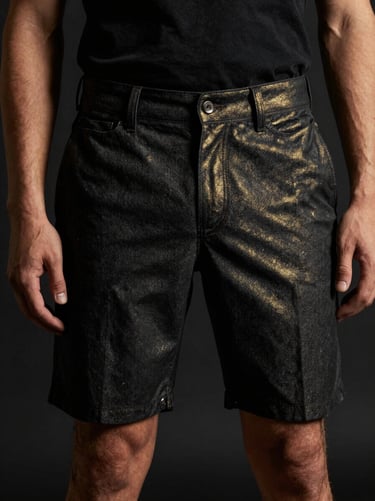 masculine editorial fashion photography, high-contrast studio lighting, deep blacks with subtle gold highlights, sharp focus, 85mm lens. A model from waist down wearing tailored dark casual shorts.