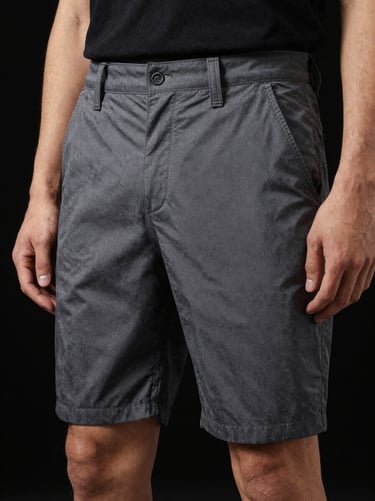 Model wearing dark grey chino shorts, high-contrast studio lighting, deep black background, focusing on the fabric texture and precise stitching, 85mm lens