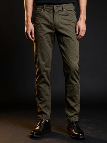 Model posing from the waist down wearing dark olive slim-fit casual pants paired with clean leather shoes, high-contrast studio lighting with warm gold rim light, deep black backdrop.