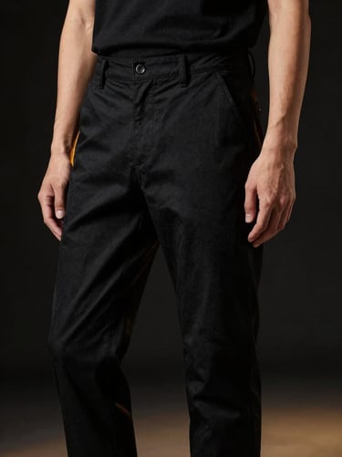 Studio fashion shot of a model from the waist down wearing tailored black chino pants, high-contrast directional lighting, deep black background with soft gold highlights, sharp focus on fabric texture.