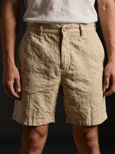 Model wearing sand-colored linen shorts, warm directional studio lighting, dark background, detailed shot of the natural linen weave and relaxed fit, 85mm lens