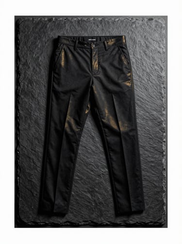 masculine editorial fashion photography, high-contrast studio lighting, deep blacks with subtle gold highlights, sharp focus, 85mm lens. Clean flat-lay of modern tailored pants on a dark slate surface.