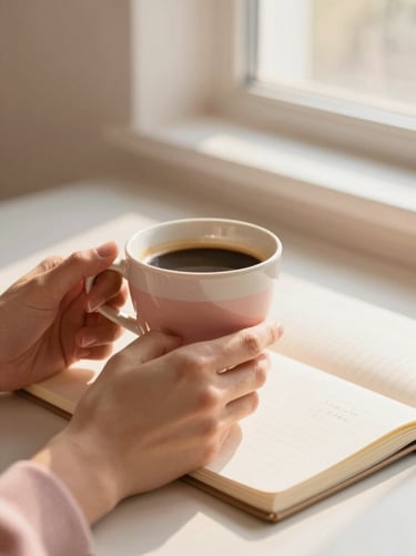 Hands holding a warm-toned ceramic coffee cup next to a notebook with neat handwriting, soft morning light