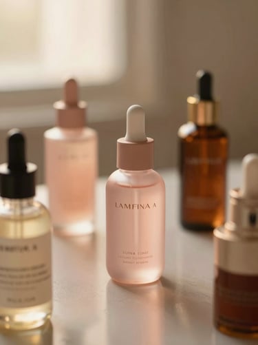 Close-up of luxury skincare bottles on a reflective surface, soft shadows, warm editorial lighting