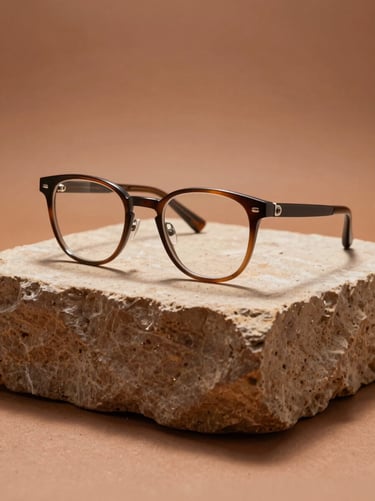 Classic eyewear frame positioned upright on a raw sandstone pedestal, side-angle view revealing lens curvature, sharp architectural shadow raking across the base, warm terracotta-sand background, studio lighting with single directional source, no lifestyle context