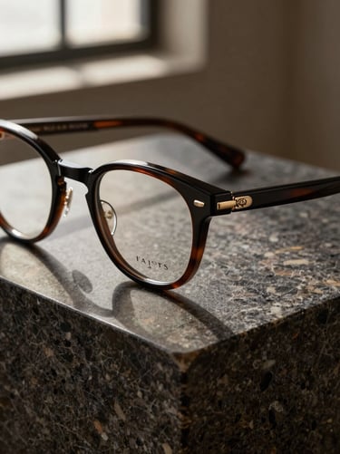 Single ultra-luxury eyewear frame on a polished dark travertine block, sharp diagonal shadow cast by architectural window light, extreme close-up isolating the frame bridge and hinge detail, deep onyx tones against warm stone, no background, total still-life isolation