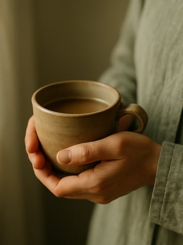 Quiet hand holding a warm ceramic cup, soft morning light, raw linen sleeve, muted sage tones, shallow depth of field.