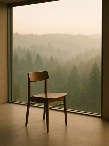 A single wooden chair facing a vast misty forest view through a floor-to-ceiling glass window, soft morning fog, minimalist architectural sanctuary.