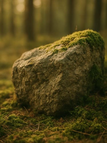 Tactile close-up of rough-hewn stone and moss in a quiet forest setting, soft diffused golden hour light, 35mm film style.