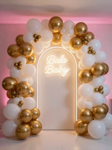 Modern baby shower setup, organic white and chrome gold balloon arch, custom arch backdrop, soft pink ambient lighting, luxury editorial photography, dynamic neon and ambient lighting, rich saturated tones, 35mm