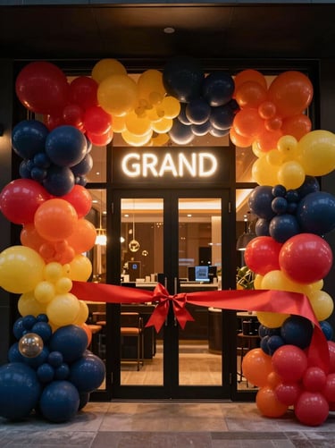 Inauguración de negocio, modern business grand opening ribbon cutting, architectural balloon installation in brand colors, neon sign glowing, luxury editorial photography, dynamic neon and ambient lighting, rich saturated tones, 35mm