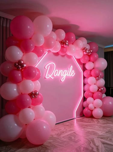 Quinceañera modern party setup, massive balloon installation, geometric backdrops, vibrant neon pink smart lighting, luxury editorial photography, dynamic neon and ambient lighting, rich saturated tones, 35mm