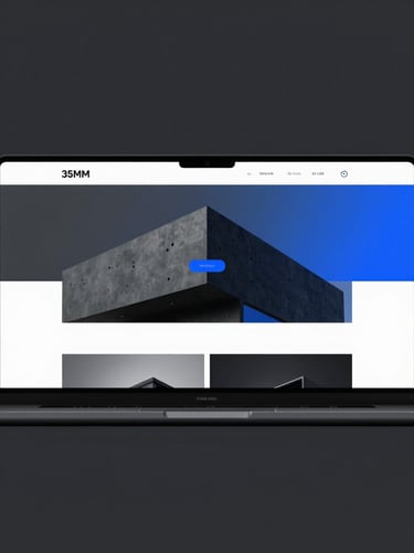 Sleek tech photography of a minimalist architecture website mockup, cool studio lighting, deep charcoal tones, sharp focus, 35mm
