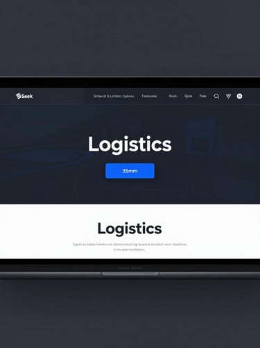 Sleek tech photography of a logistics website mockup inside a minimal browser frame, cool studio lighting, deep charcoal tones, sharp focus, 35mm
