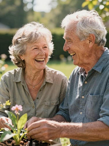 Warm natural daylight, a happy senior couple laughing together while gardening in a sunny backyard in Naperville, close-up medium shot.