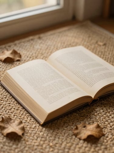 An open old book on a textured woven mat, dry leaves scattered nearby, warm earthy tones, soft focus