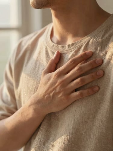 Close-up of a person resting their hand on their chest, soft linen clothing, warm morning light, feeling the heartbeat