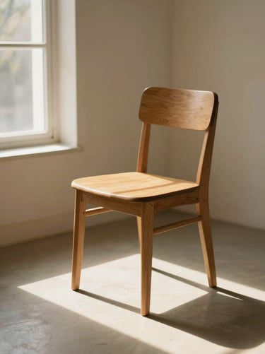 A single wooden chair next to a sunlit window, soft shadow patterns on the floor, minimalist peaceful setting