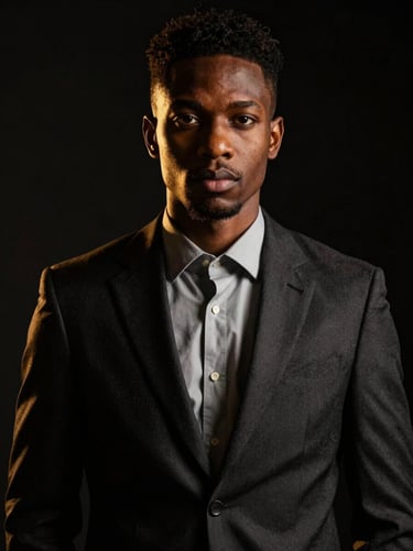 Dramatic studio portrait of a young African man in elegant smart-casual wear, golden hour lighting, high contrast, looking directly at the camera