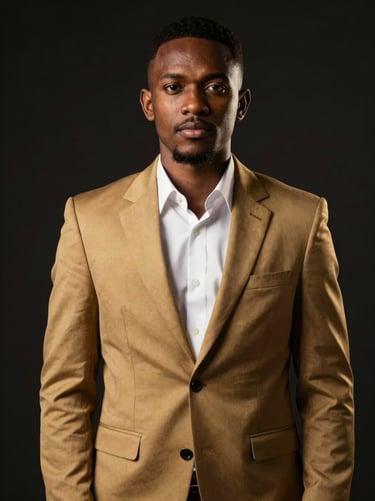 Medium shot portrait of a sharp young Equatoguinean leader in a modern tailored suit, soft gold lighting, confident posture