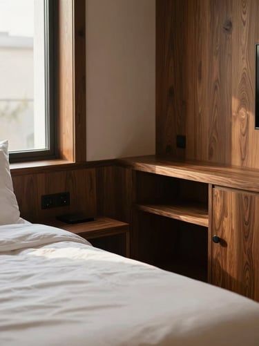 Intimate hotel room corner, soft morning window light falling on linen sheets, rich walnut wood details, warm editorial photography, 35mm