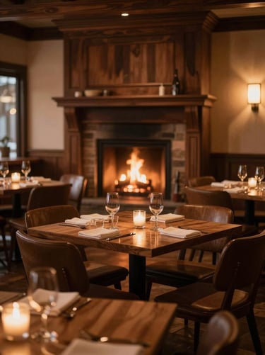 Warmly lit empty restaurant dining room at dusk, glowing hearth in background, rich wood tones, warm editorial photography, 35mm