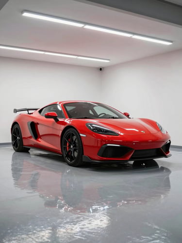 A spotless, modern clinical garage bay with bright overhead LED strip lighting reflecting off a clean concrete floor and a parked luxury sports car, sharp automotive photography