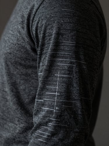 Extreme close-up of a custom screen-printed sleeve graphic on a dark graphite long-sleeve shirt, highlighting sharp technical lines.
