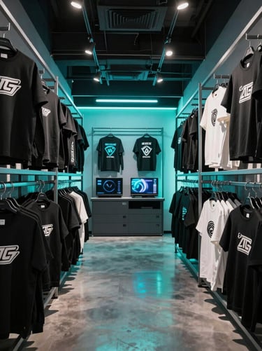 Wide atmospheric shot of a modern gaming shop interior with custom branded apparel hanging on industrial steel racks under cool teal lighting.
