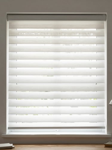 Angled close-up of aluminium venetian blind slats, fine horizontal lines casting parallel shadow bands on a warm cream wall, soft diffused daylight, no people