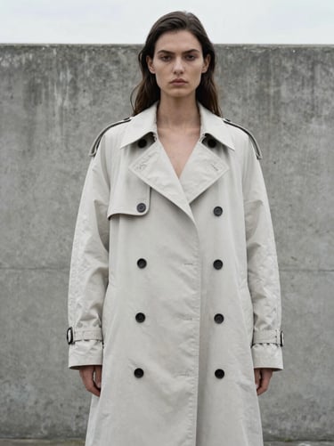 Stark editorial portrait of a female model wearing an oversized oyster-white trench coat, brutalist concrete background, cold overcast daylight, 2:3 aspect ratio