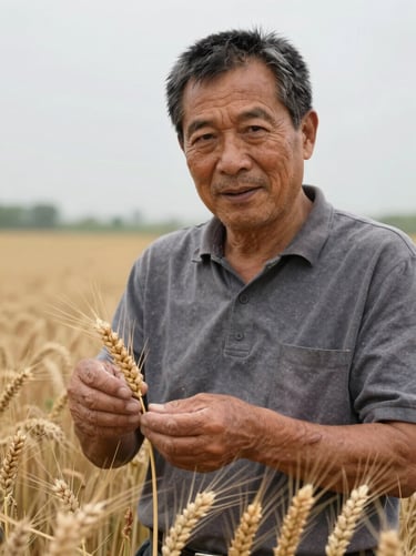 A close-up portrait of a male agricultural advisor in his 50s, weathered hands, standing in an active wheat field under overcast natural daylight.